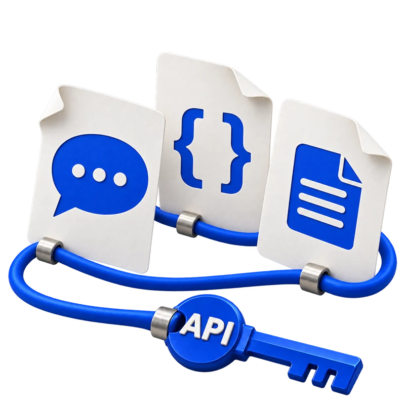Иллюстрация: ключ API соединяет карточки диалога, кода и документов